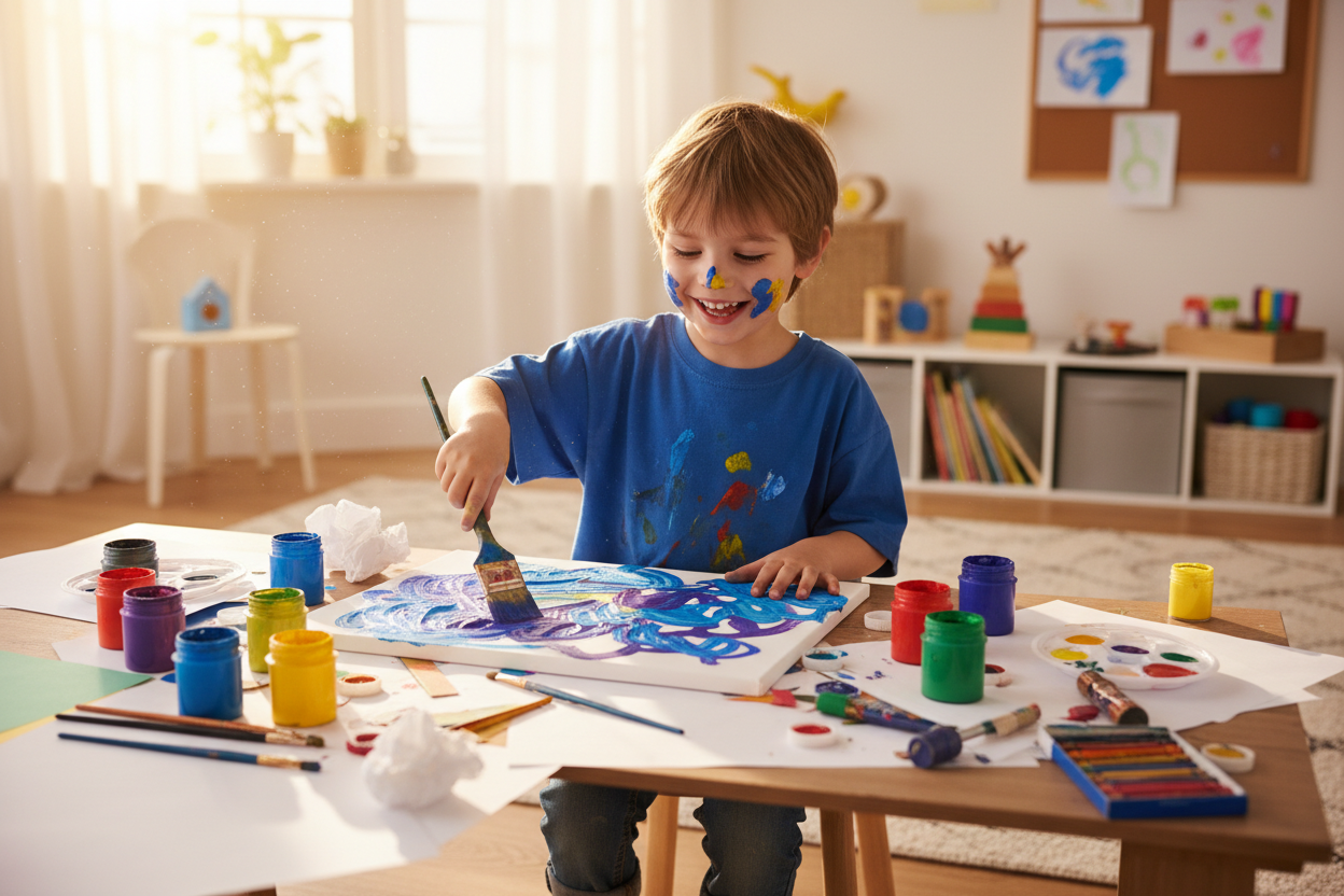 little boy doing art project